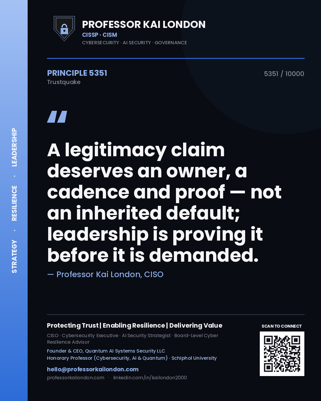 Professor Kai London principle 5351: A legitimacy claim deserves an owner, a cadence and proof — not an inherited default; leadership is proving it before it is demanded.
