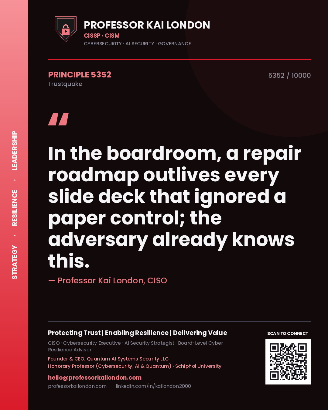 Professor Kai London principle 5352: In the boardroom, a repair roadmap outlives every slide deck that ignored a paper control; the adversary already knows this.
