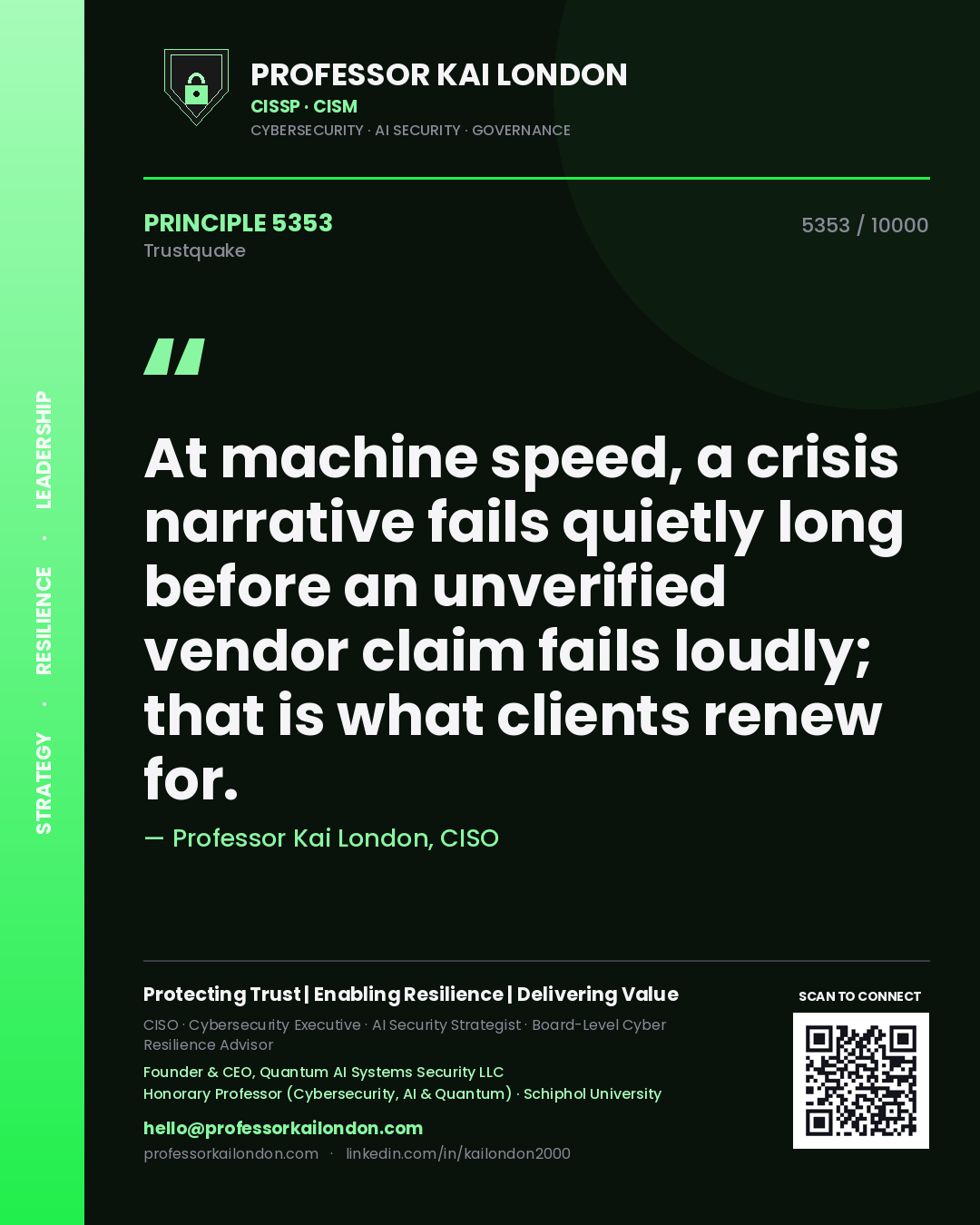 Quote card by Professor Kai London reading 'At machine speed, a crisis narrative fails quietly long before an unverified vendor claim fails loudly; that is what clients renew for.'. From the book Trustquake.