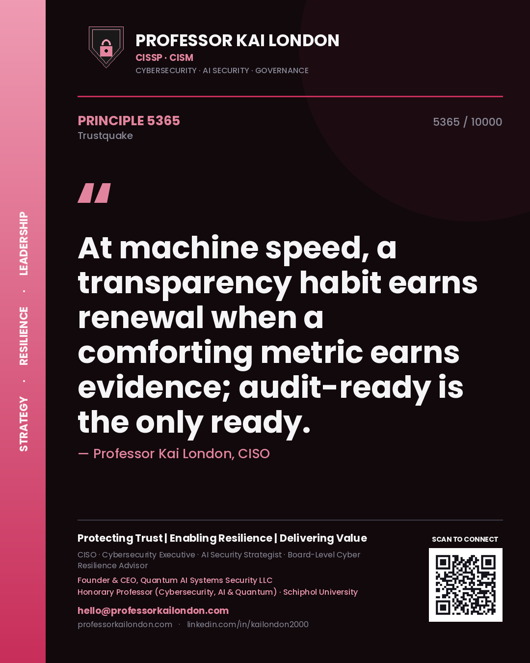 Quote card by Professor Kai London reading 'At machine speed, a transparency habit earns renewal when a comforting metric earns evidence; audit-ready is the only ready.'. From the book Trustquake.