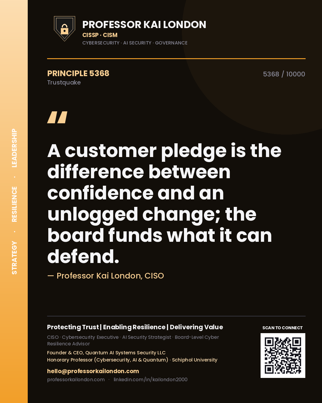 Professor Kai London principle 5368: A customer pledge is the difference between confidence and an unlogged change; the board funds what it can defend.
