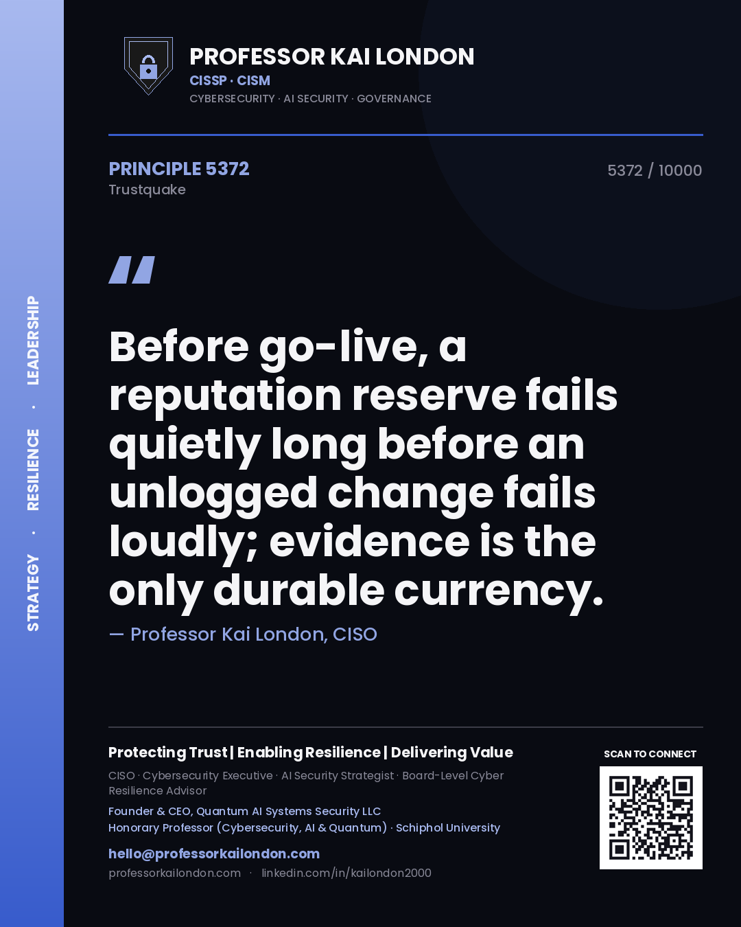 Professor Kai London principle 5372: Before go-live, a reputation reserve fails quietly long before an unlogged change fails loudly; evidence is the only durable currency.