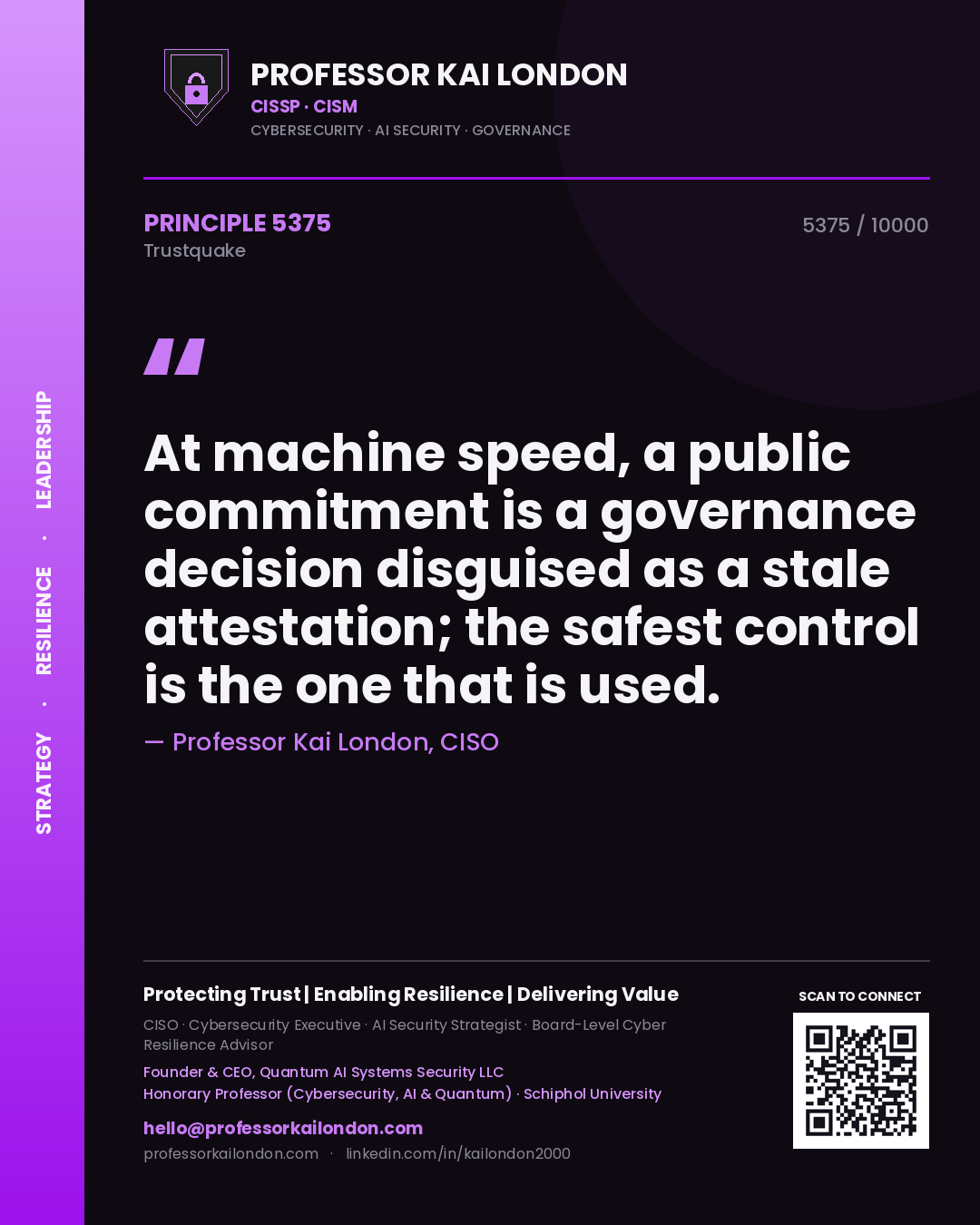 Professor Kai London principle 5375: At machine speed, a public commitment is a governance decision disguised as a stale attestation; the safest control is the one that is used.
