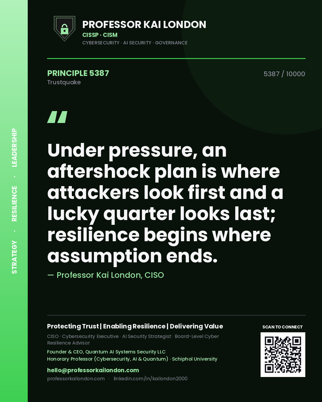 Professor Kai London principle 5387: Under pressure, an aftershock plan is where attackers look first and a lucky quarter looks last; resilience begins where assumption ends.