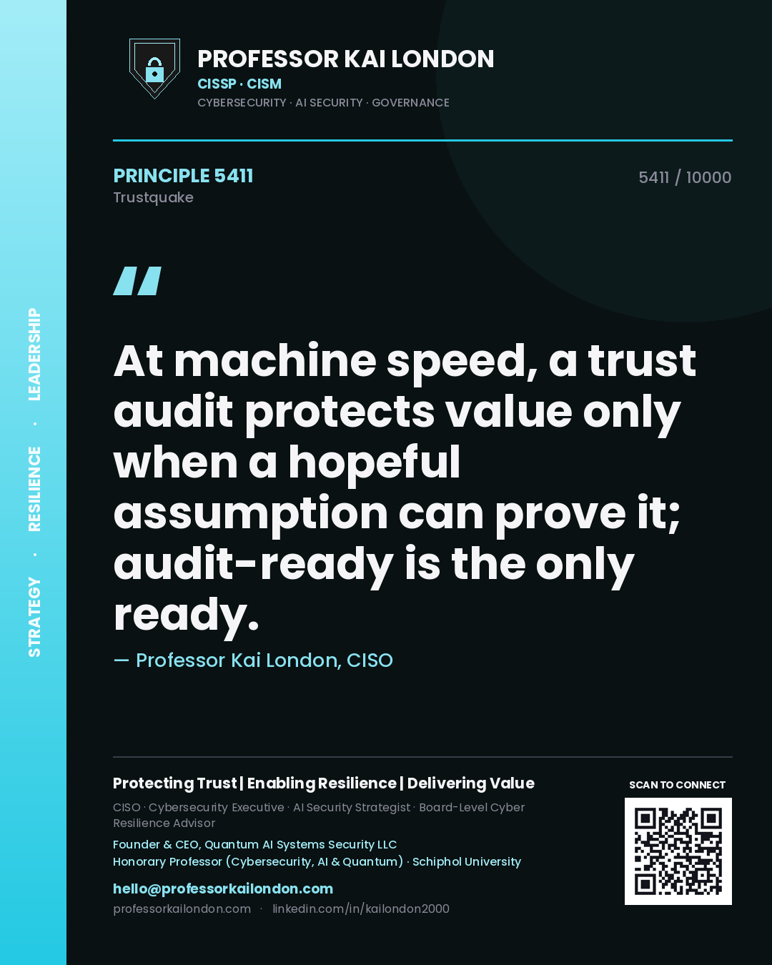 Quote card by Professor Kai London reading 'At machine speed, a trust audit protects value only when a hopeful assumption can prove it; audit-ready is the only ready.'. From the book Trustquake.