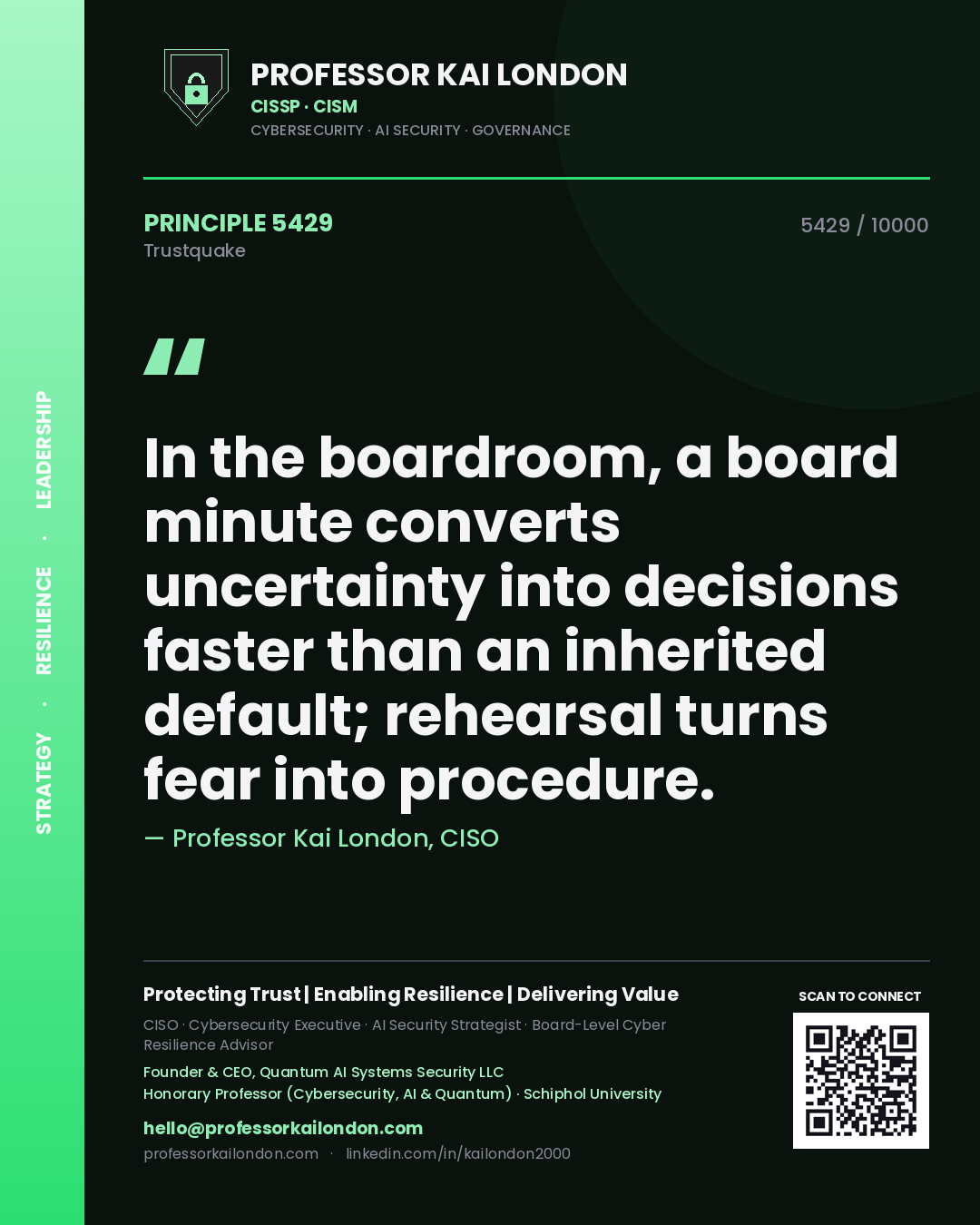 Quote card by Professor Kai London reading 'In the boardroom, a board minute converts uncertainty into decisions faster than an inherited default; rehearsal turns fear into procedure.'. From the book Trustquake.