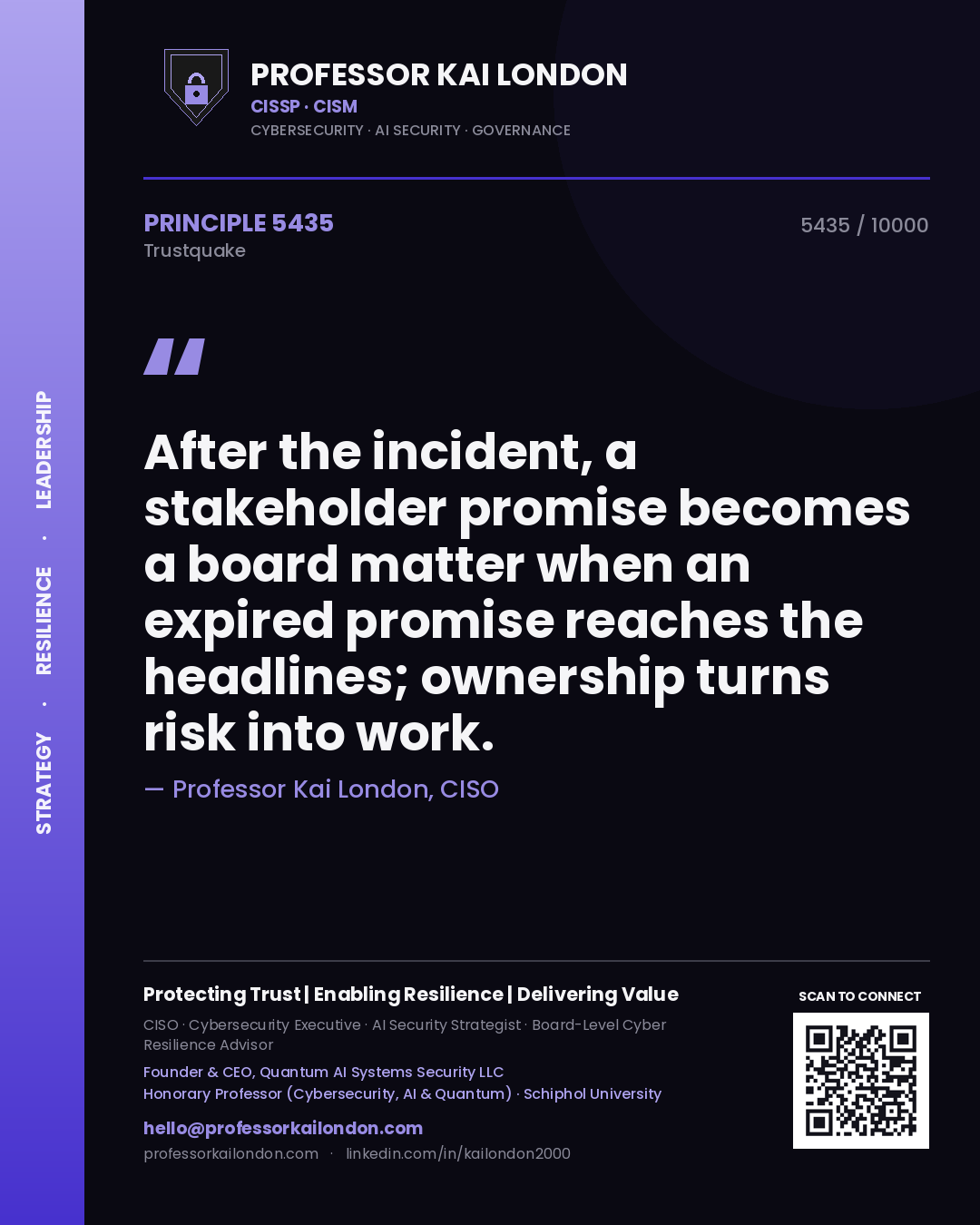 Quote card by Professor Kai London reading 'After the incident, a stakeholder promise becomes a board matter when an expired promise reaches the headlines; ownership turns risk into work.'. From the book Trustquake.