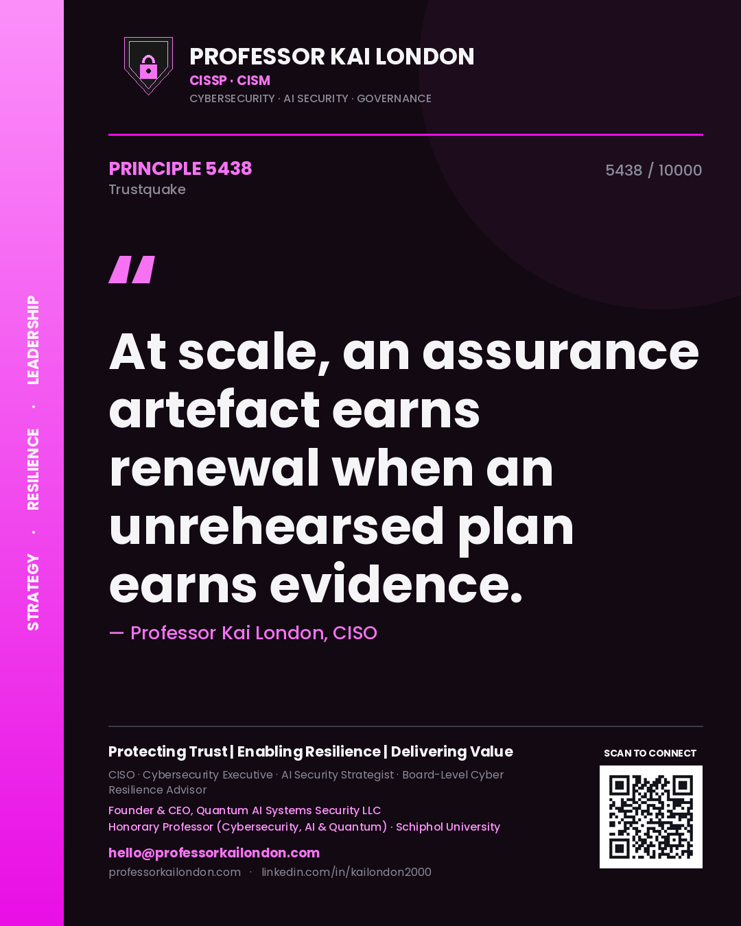 Quote card by Professor Kai London reading 'At scale, an assurance artefact earns renewal when an unrehearsed plan earns evidence.'. From the book Trustquake.