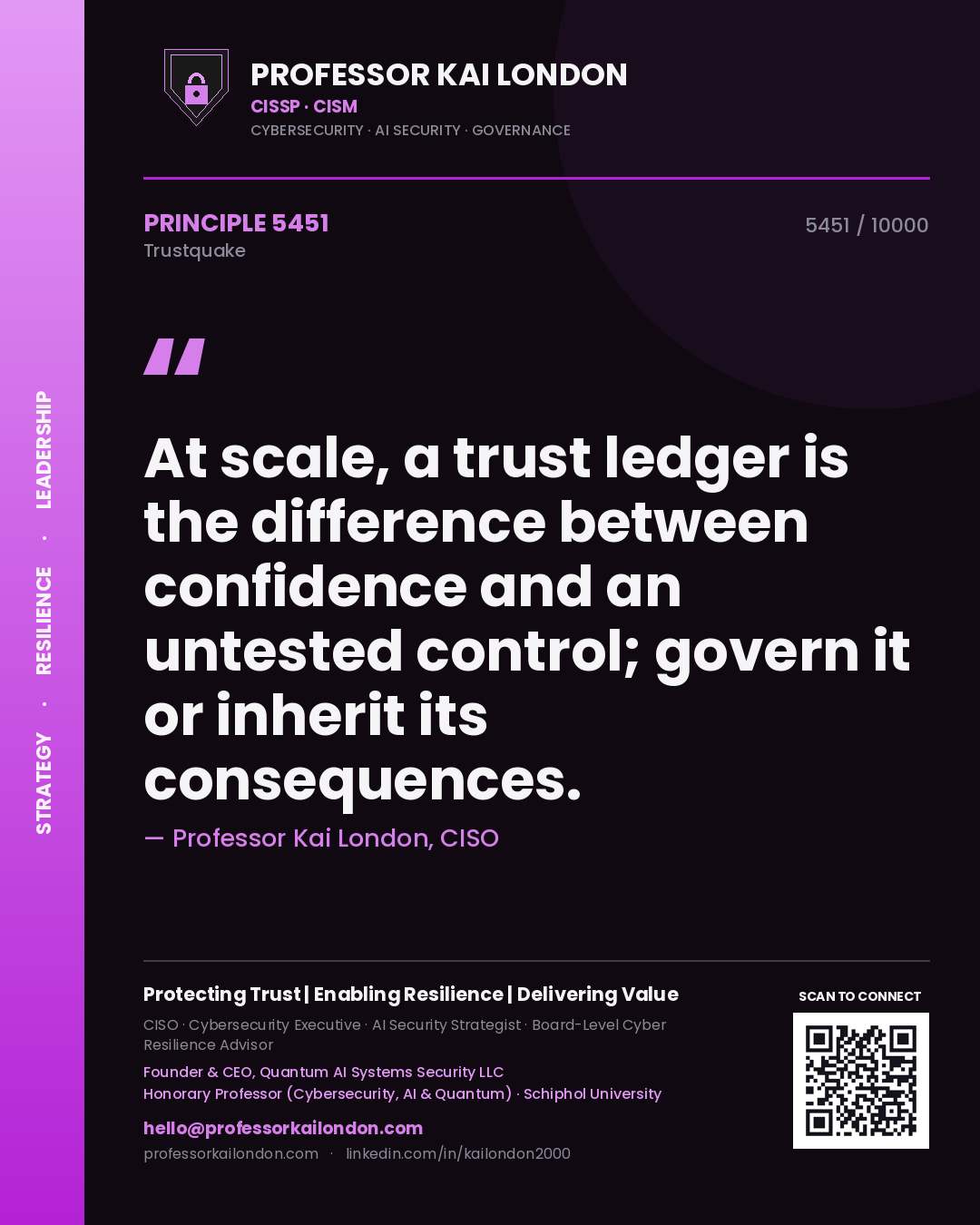 Quote card by Professor Kai London reading 'At scale, a trust ledger is the difference between confidence and an untested control; govern it or inherit its consequences.'. From the book Trustquake.