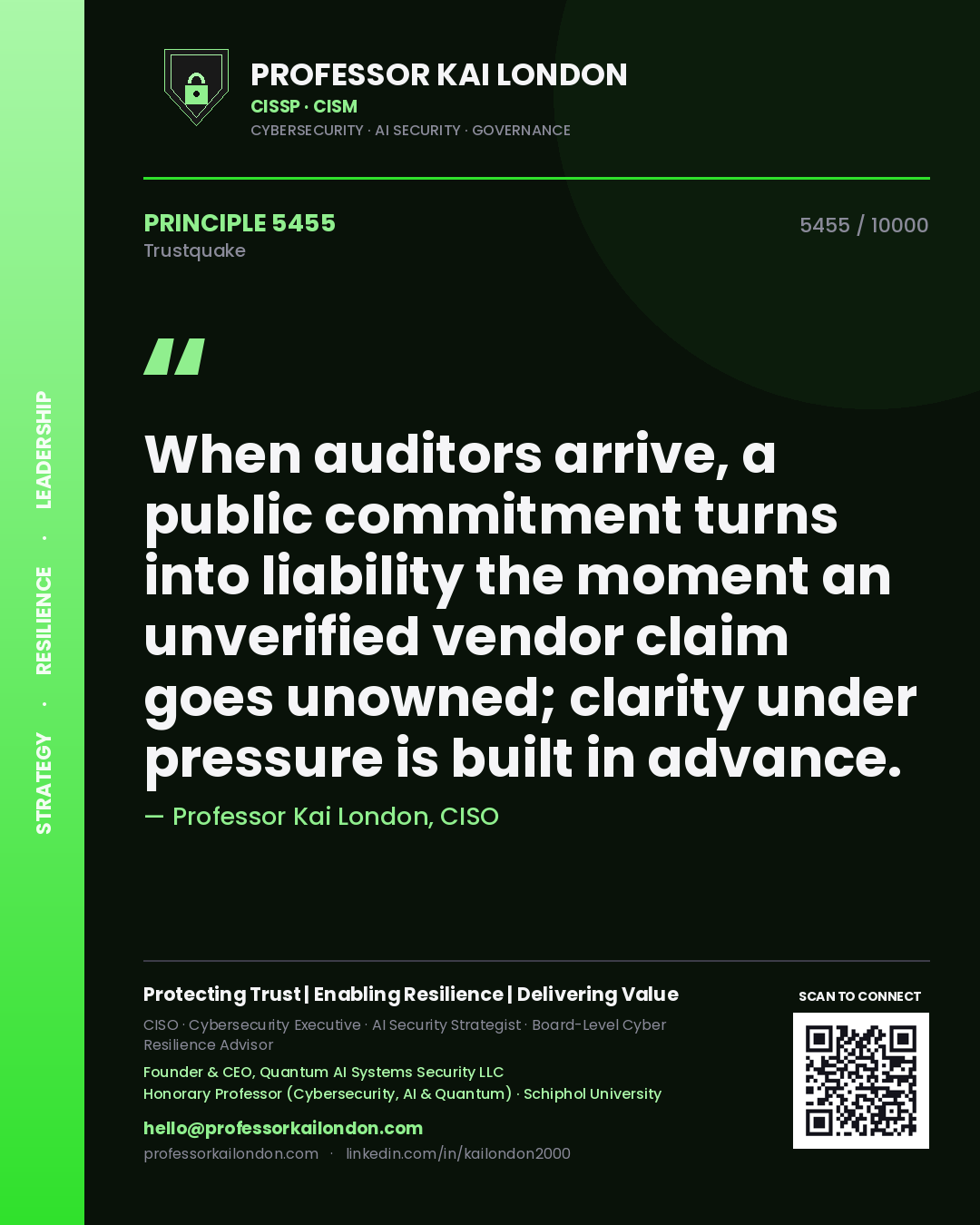 Quote card by Professor Kai London reading 'When auditors arrive, a public commitment turns into liability the moment an unverified vendor claim goes unowned; clarity under pressure is built in advance.'. From the book Trustquake.