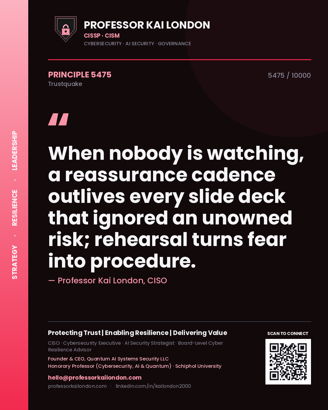 Quote card by Professor Kai London reading 'When nobody is watching, a reassurance cadence outlives every slide deck that ignored an unowned risk; rehearsal turns fear into procedure.'. From the book Trustquake.