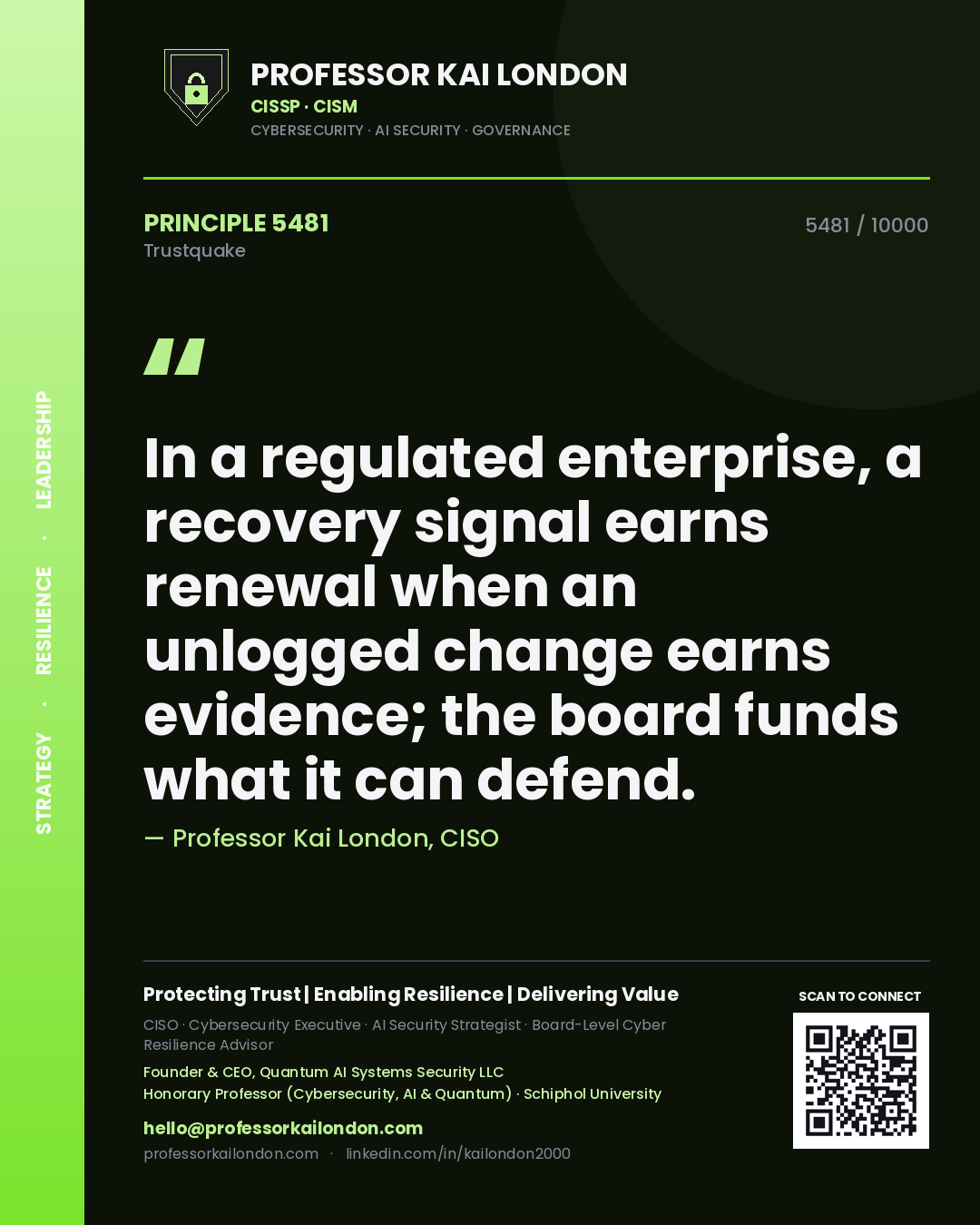 Quote card by Professor Kai London reading 'In a regulated enterprise, a recovery signal earns renewal when an unlogged change earns evidence; the board funds what it can defend.'. From the book Trustquake.