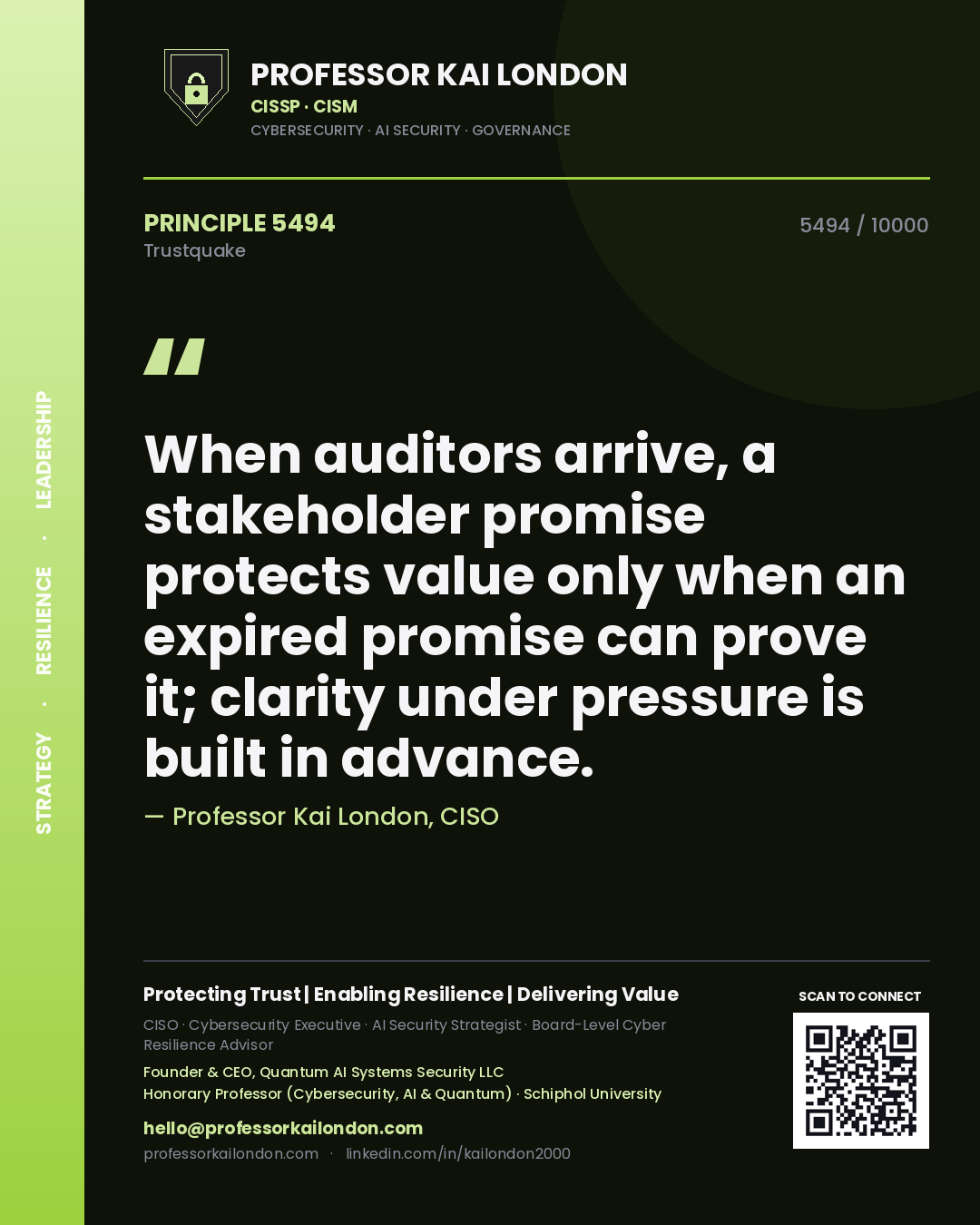 Quote card by Professor Kai London reading 'When auditors arrive, a stakeholder promise protects value only when an expired promise can prove it; clarity under pressure is built in advance.'. From the book Trustquake.