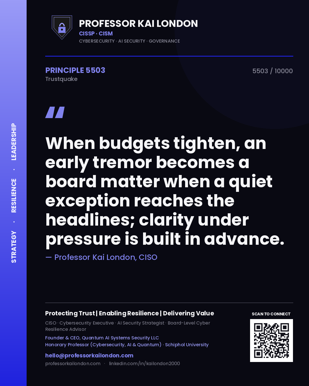 Quote card by Professor Kai London reading 'When budgets tighten, an early tremor becomes a board matter when a quiet exception reaches the headlines; clarity under pressure is built in advance.'. From the book Trustquake.