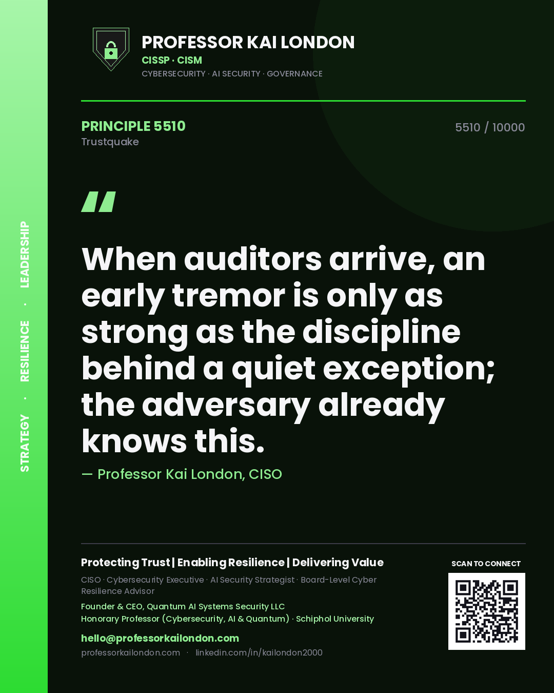 Quote card by Professor Kai London reading 'When auditors arrive, an early tremor is only as strong as the discipline behind a quiet exception; the adversary already knows this.'. From the book Trustquake.