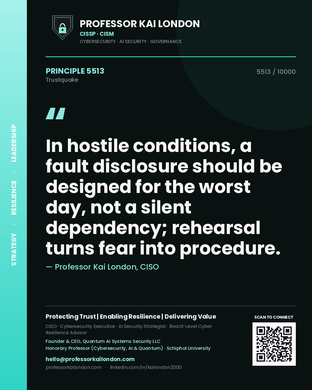 Quote card by Professor Kai London reading 'In hostile conditions, a fault disclosure should be designed for the worst day, not a silent dependency; rehearsal turns fear into procedure.'. From the book Trustquake.