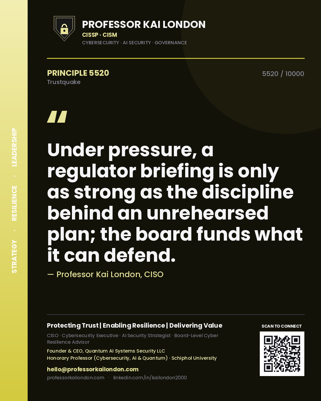 Quote card by Professor Kai London reading 'Under pressure, a regulator briefing is only as strong as the discipline behind an unrehearsed plan; the board funds what it can defend.'. From the book Trustquake.