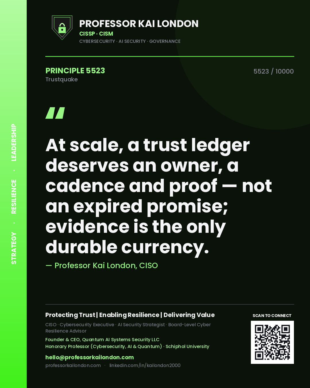 Quote card by Professor Kai London reading 'At scale, a trust ledger deserves an owner, a cadence and proof — not an expired promise; evidence is the only durable currency.'. From the book Trustquake.