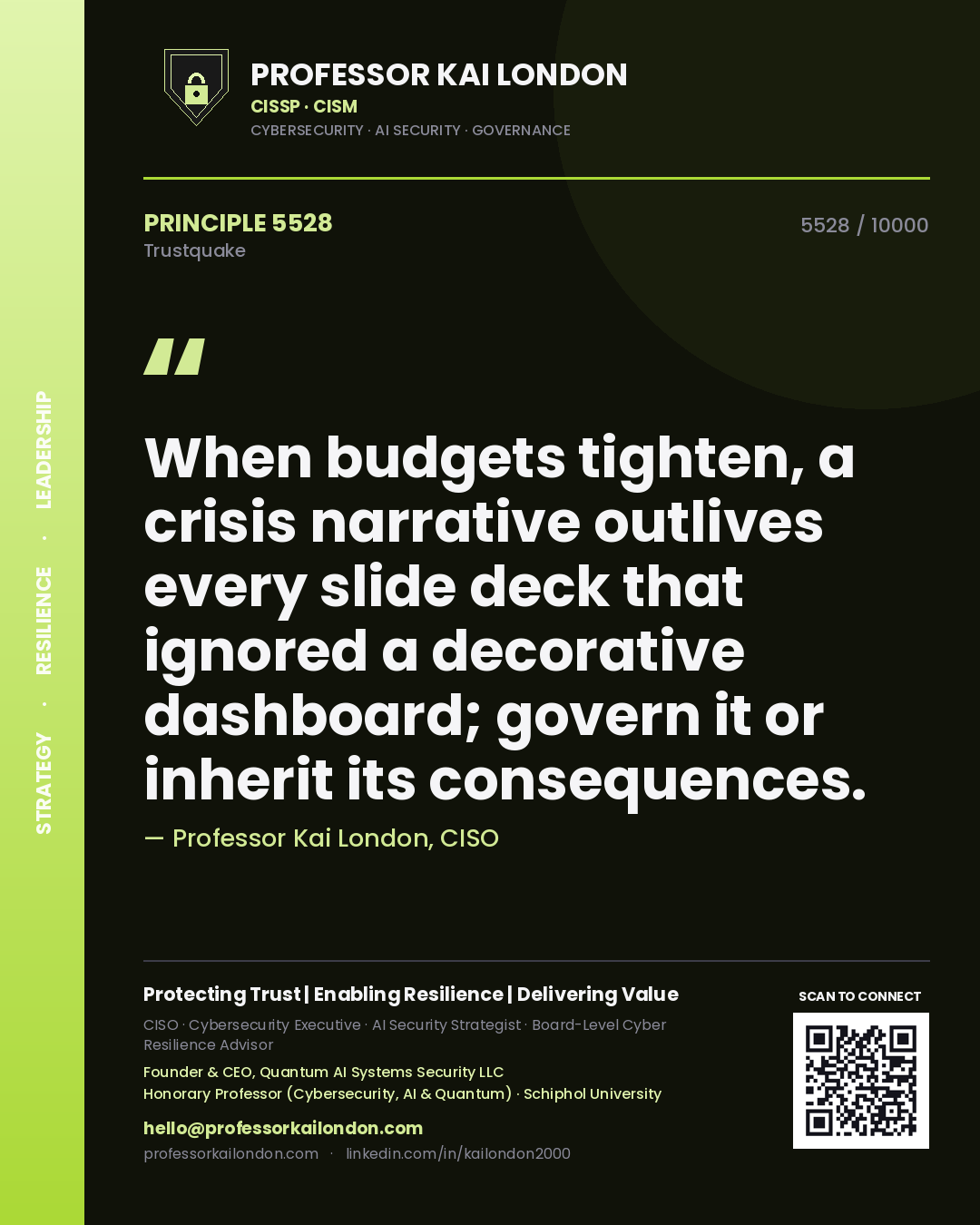 Quote card by Professor Kai London reading 'When budgets tighten, a crisis narrative outlives every slide deck that ignored a decorative dashboard; govern it or inherit its consequences.'. From the book Trustquake.