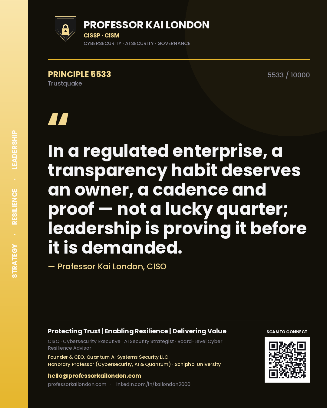 Professor Kai London principle 5533: In a regulated enterprise, a transparency habit deserves an owner, a cadence and proof — not a lucky quarter; leadership is proving it before it is demanded.