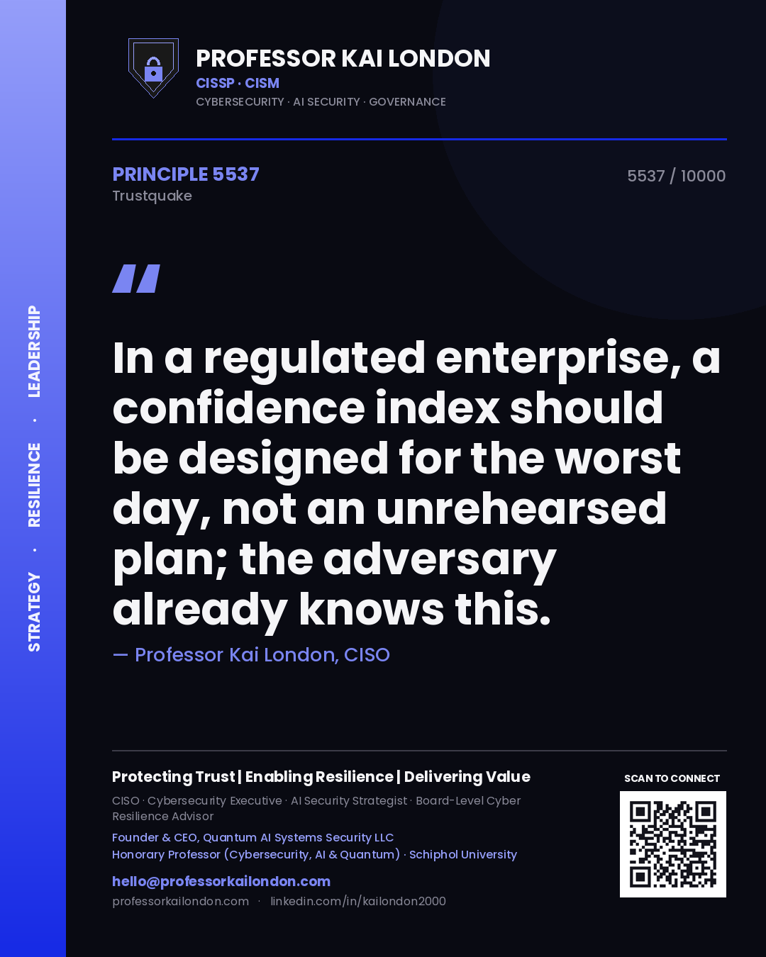 Quote card by Professor Kai London reading 'In a regulated enterprise, a confidence index should be designed for the worst day, not an unrehearsed plan; the adversary already knows this.'. From the book Trustquake.