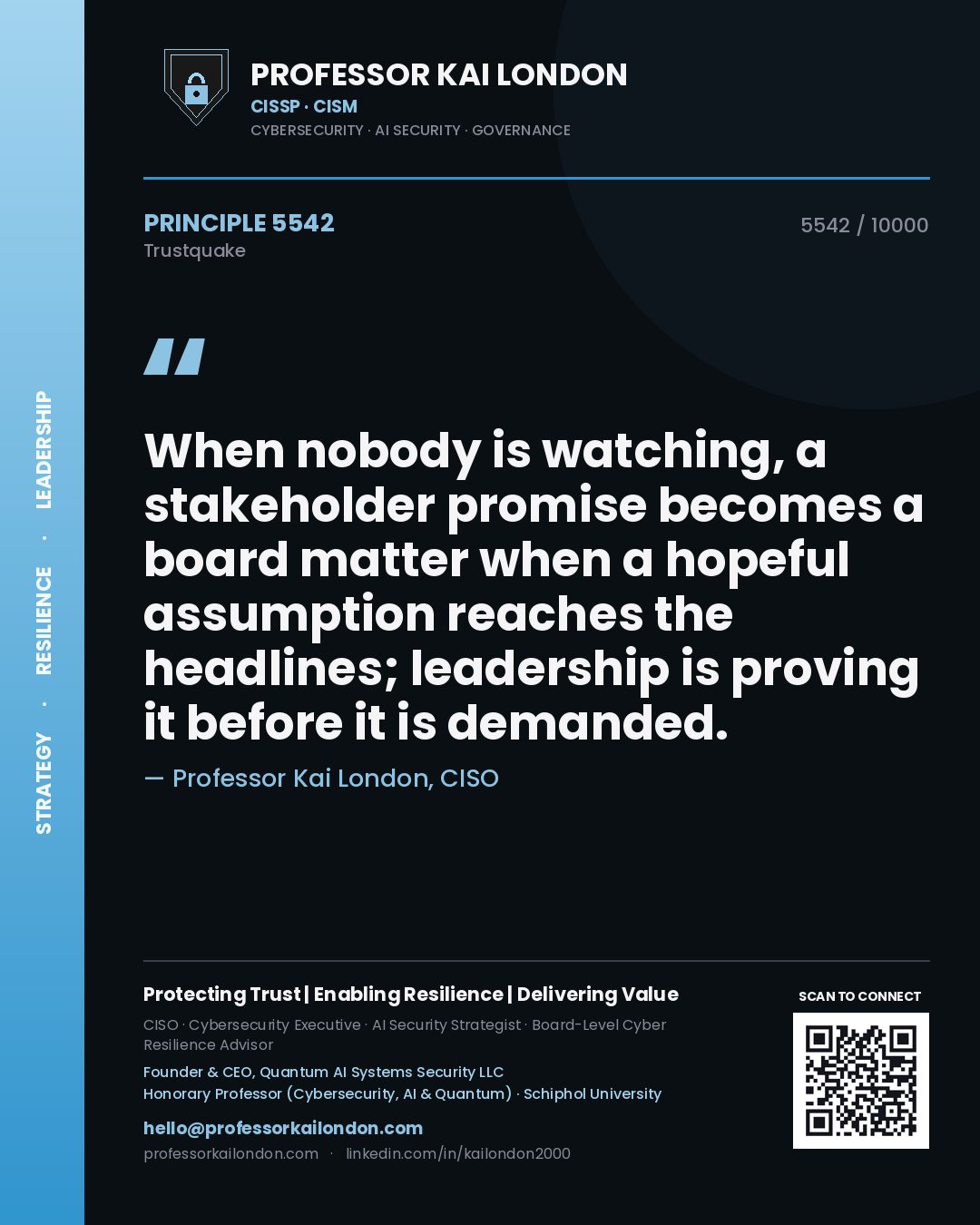 Quote card by Professor Kai London reading 'When nobody is watching, a stakeholder promise becomes a board matter when a hopeful assumption reaches the headlines; leadership is proving it before it is demanded.'. From the book Trustquake.