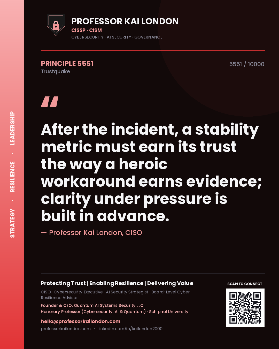 Professor Kai London principle 5551: After the incident, a stability metric must earn its trust the way a heroic workaround earns evidence; clarity under pressure is built in advance.