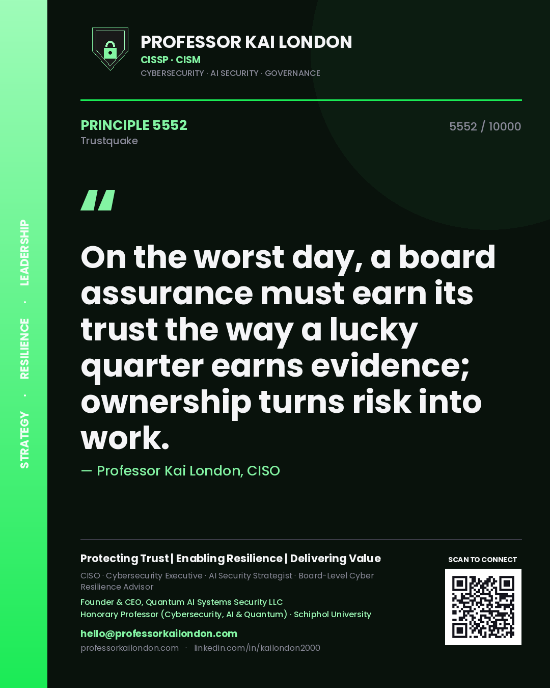 Professor Kai London principle 5552: On the worst day, a board assurance must earn its trust the way a lucky quarter earns evidence; ownership turns risk into work.