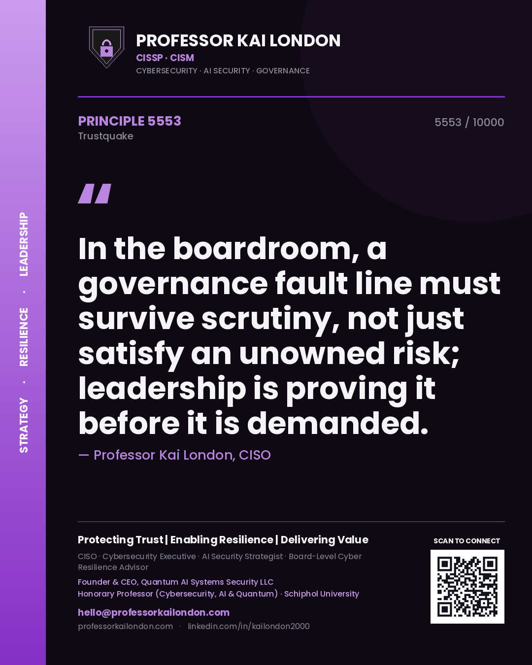 Quote card by Professor Kai London reading 'In the boardroom, a governance fault line must survive scrutiny, not just satisfy an unowned risk; leadership is proving it before it is demanded.'. From the book Trustquake.