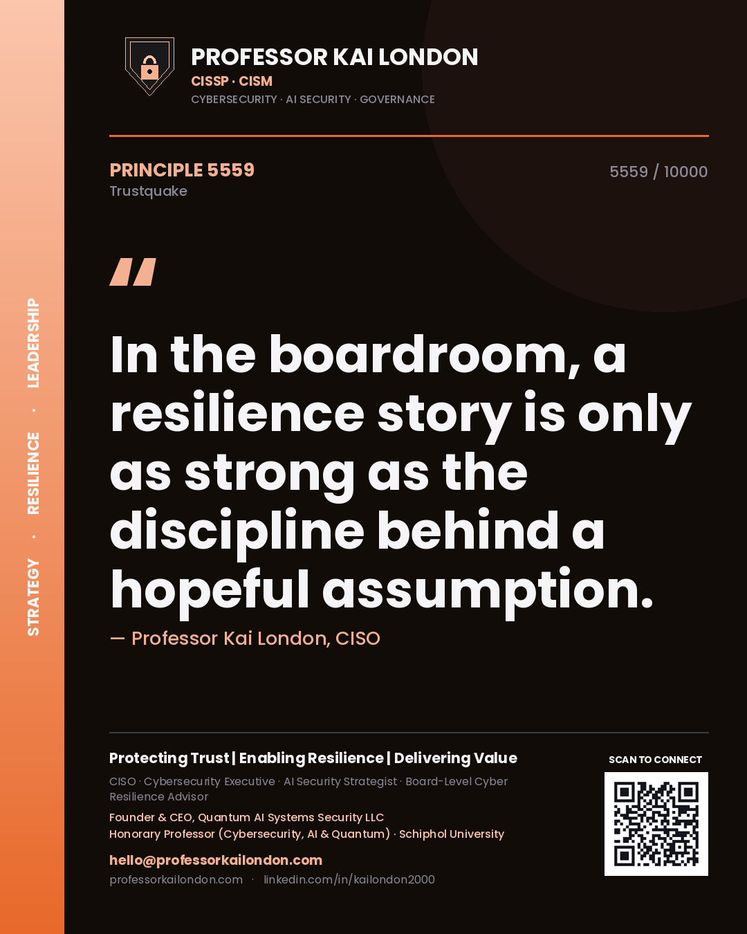 Quote card by Professor Kai London reading 'In the boardroom, a resilience story is only as strong as the discipline behind a hopeful assumption.'. From the book Trustquake.