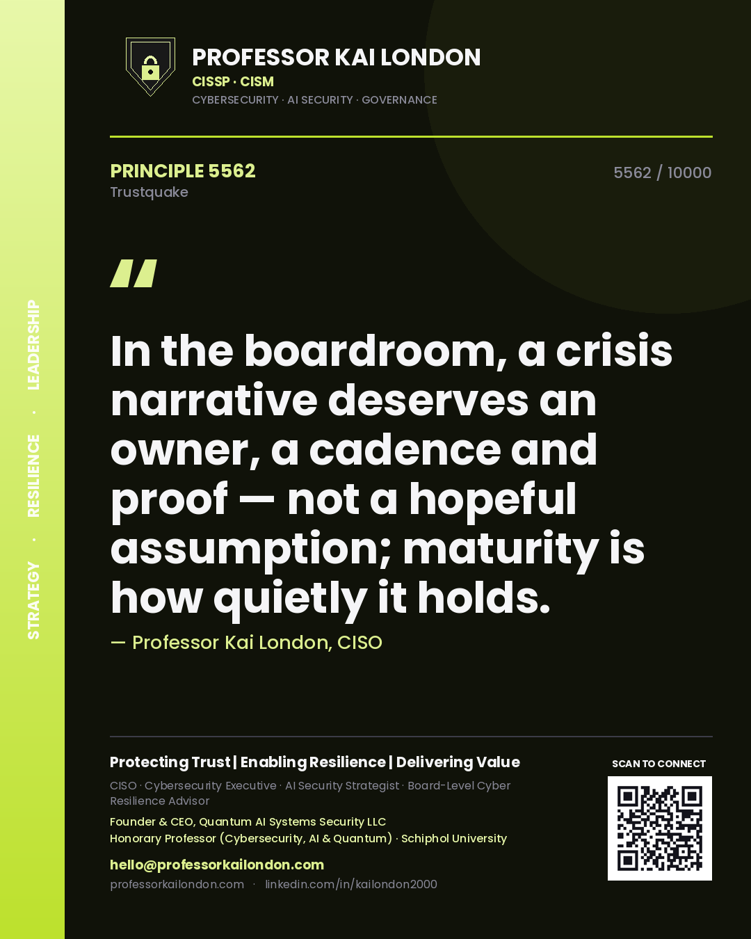 Professor Kai London principle 5562: In the boardroom, a crisis narrative deserves an owner, a cadence and proof — not a hopeful assumption; maturity is how quietly it holds.