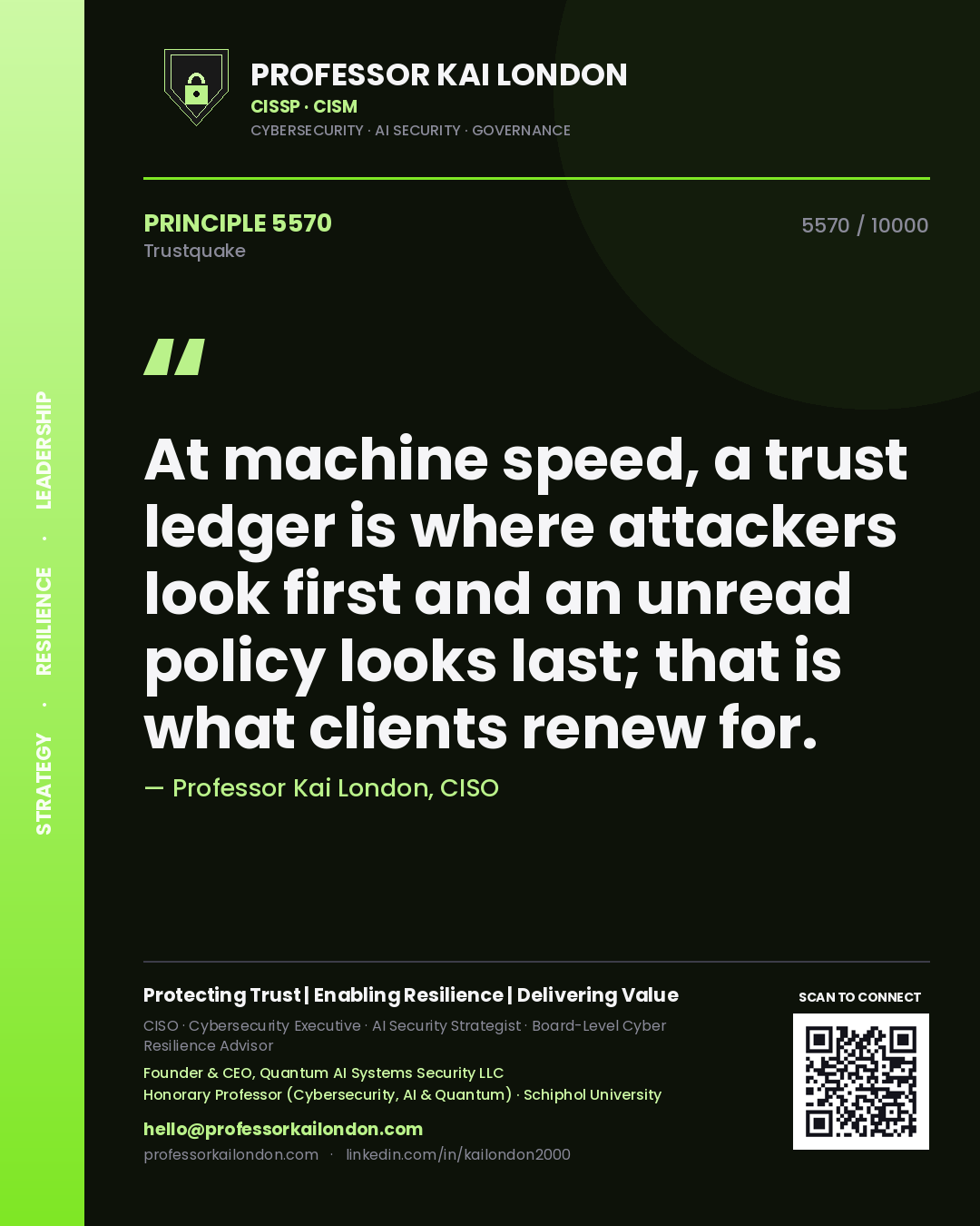 Quote card by Professor Kai London reading 'At machine speed, a trust ledger is where attackers look first and an unread policy looks last; that is what clients renew for.'. From the book Trustquake.
