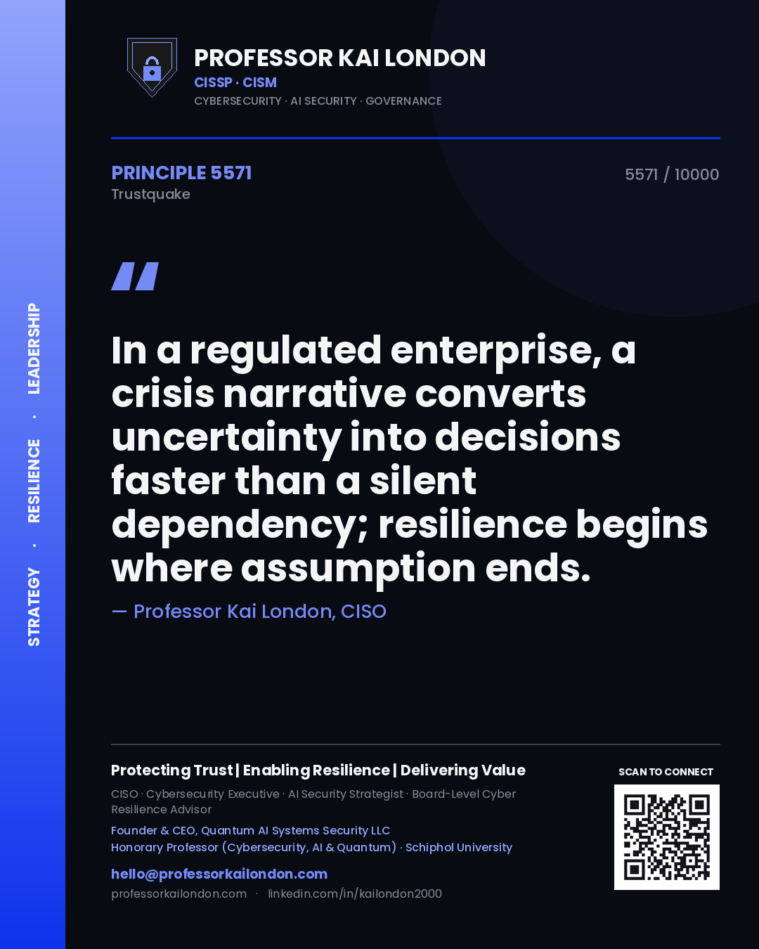 Quote card by Professor Kai London reading 'In a regulated enterprise, a crisis narrative converts uncertainty into decisions faster than a silent dependency; resilience begins where assumption ends.'. From the book Trustquake.