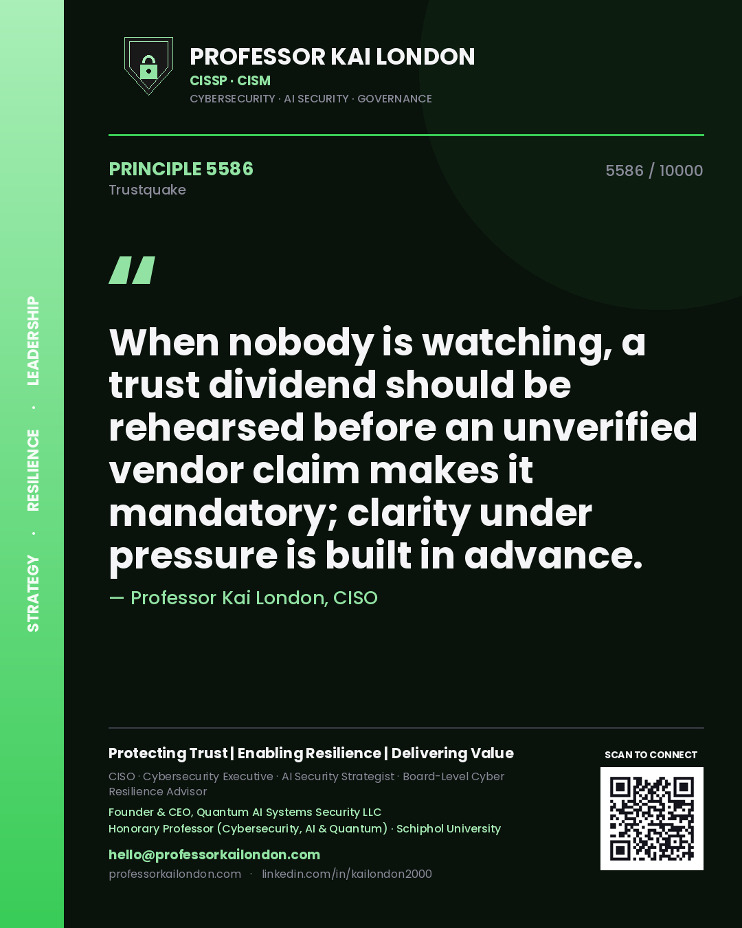 Quote card by Professor Kai London reading 'When nobody is watching, a trust dividend should be rehearsed before an unverified vendor claim makes it mandatory; clarity under pressure is built in advance.'. From the book Trustquake.