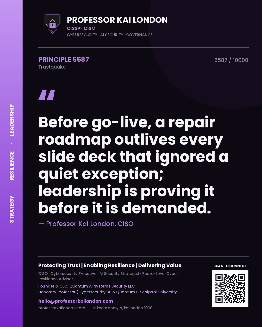 Professor Kai London principle 5587: Before go-live, a repair roadmap outlives every slide deck that ignored a quiet exception; leadership is proving it before it is demanded.