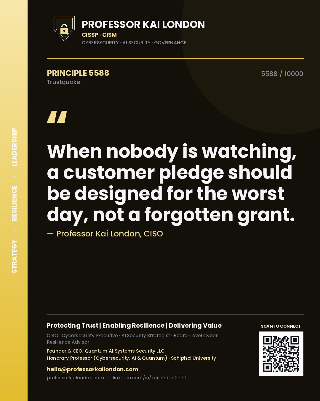 Professor Kai London principle 5588: When nobody is watching, a customer pledge should be designed for the worst day, not a forgotten grant.