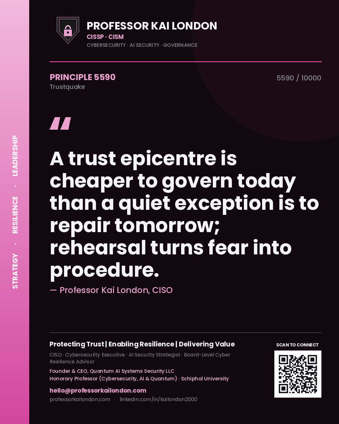 Quote card by Professor Kai London reading 'A trust epicentre is cheaper to govern today than a quiet exception is to repair tomorrow; rehearsal turns fear into procedure.'. From the book Trustquake.