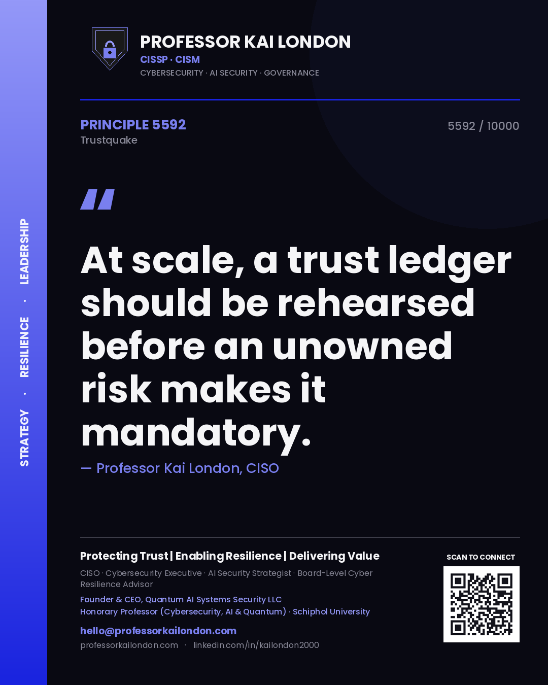 Professor Kai London principle 5592: At scale, a trust ledger should be rehearsed before an unowned risk makes it mandatory.