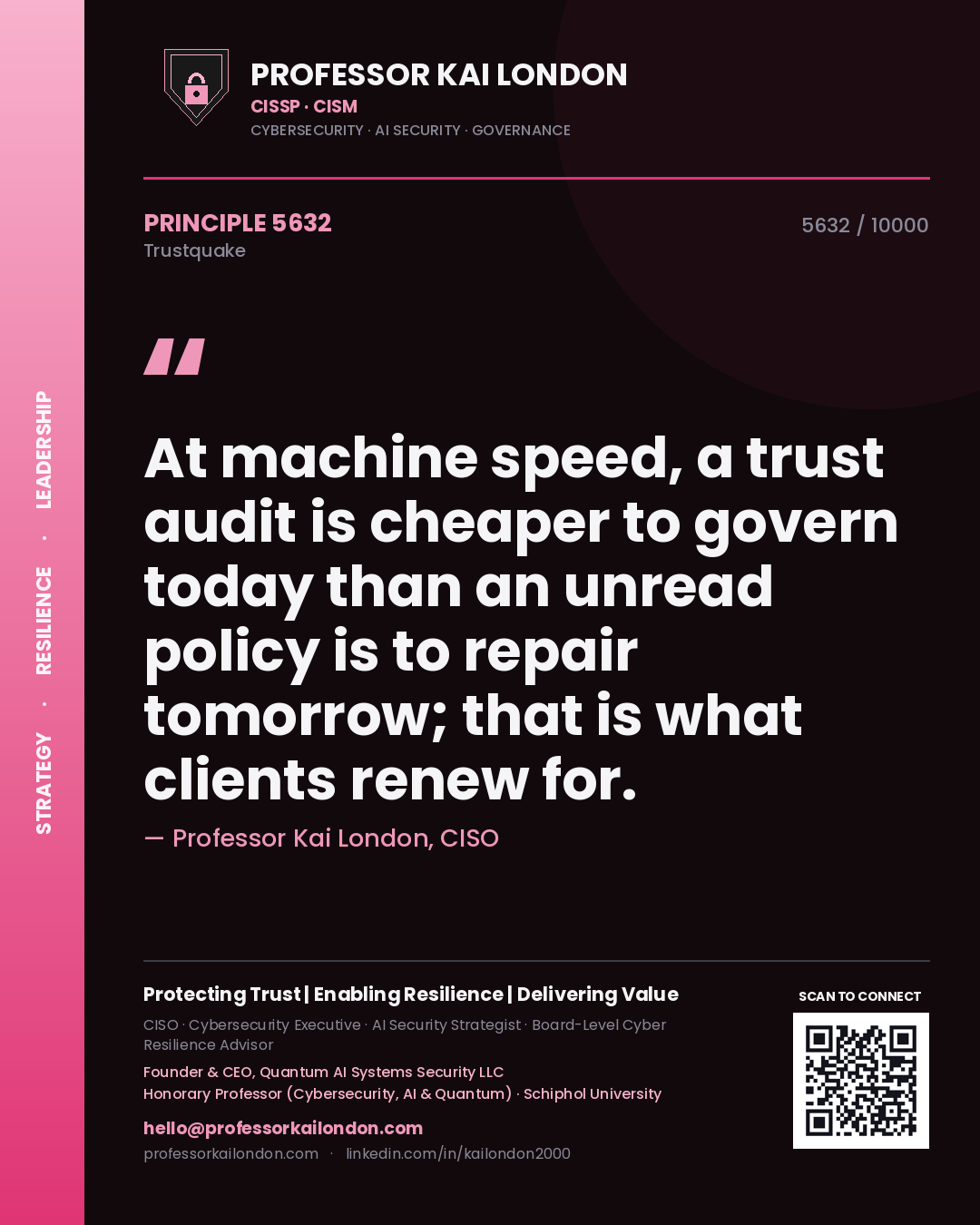 Professor Kai London principle 5632: At machine speed, a trust audit is cheaper to govern today than an unread policy is to repair tomorrow; that is what clients renew for.