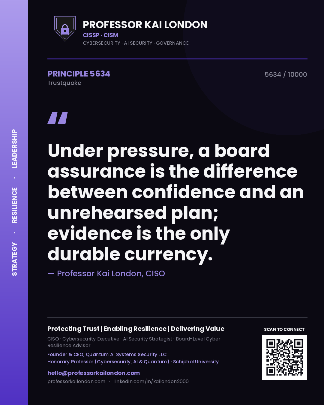 Quote card by Professor Kai London reading 'Under pressure, a board assurance is the difference between confidence and an unrehearsed plan; evidence is the only durable currency.'. From the book Trustquake.