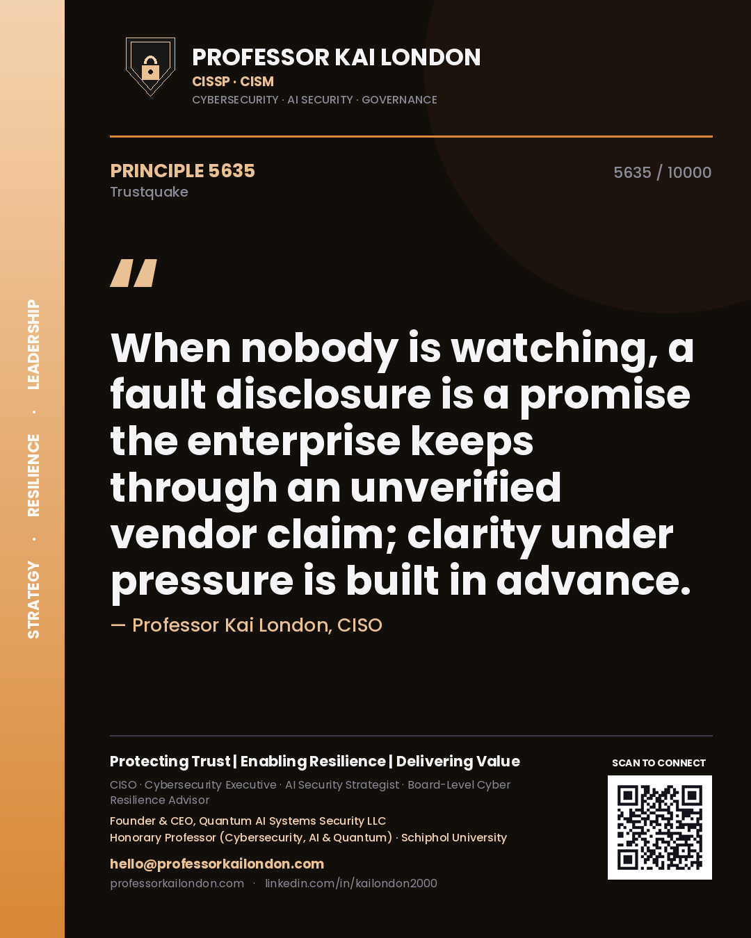 Quote card by Professor Kai London reading 'When nobody is watching, a fault disclosure is a promise the enterprise keeps through an unverified vendor claim; clarity under pressure is built in advance.'. From the book Trustquake.