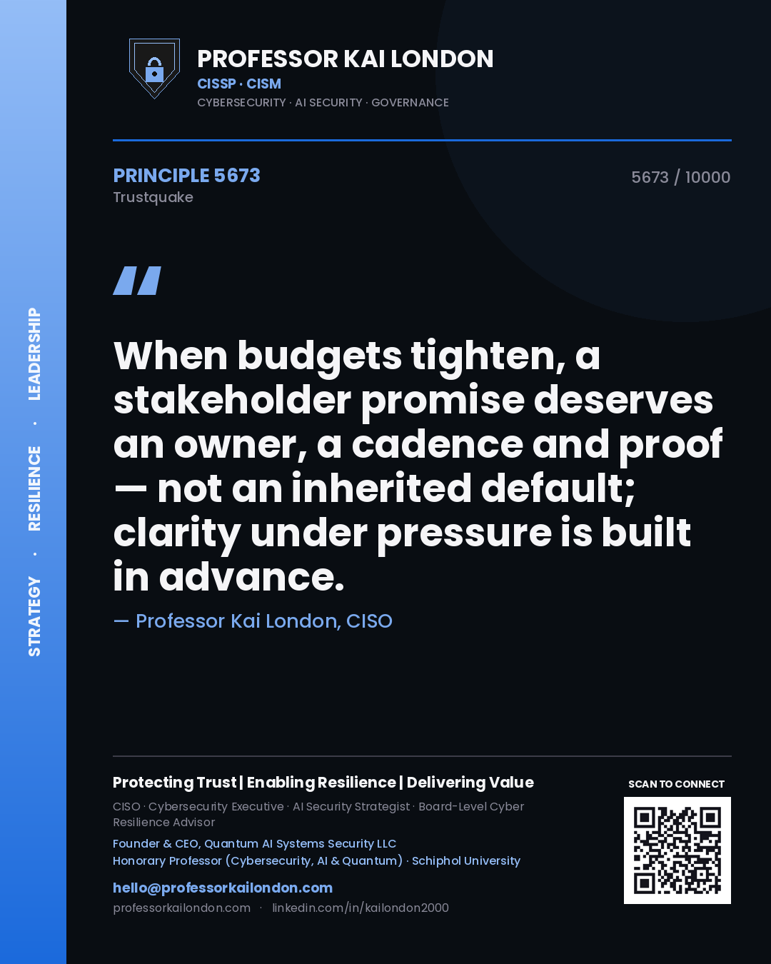 Quote card by Professor Kai London reading 'When budgets tighten, a stakeholder promise deserves an owner, a cadence and proof — not an inherited default; clarity under pressure is built in advance.'. From the book Trustquake.