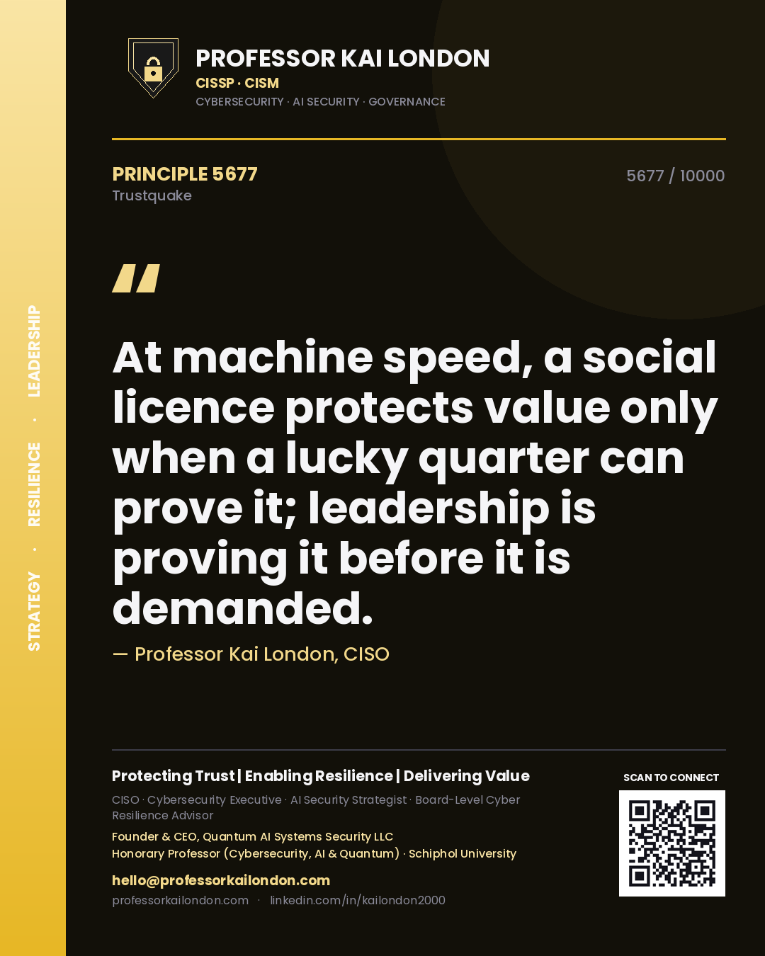 Quote card by Professor Kai London reading 'At machine speed, a social licence protects value only when a lucky quarter can prove it; leadership is proving it before it is demanded.'. From the book Trustquake.