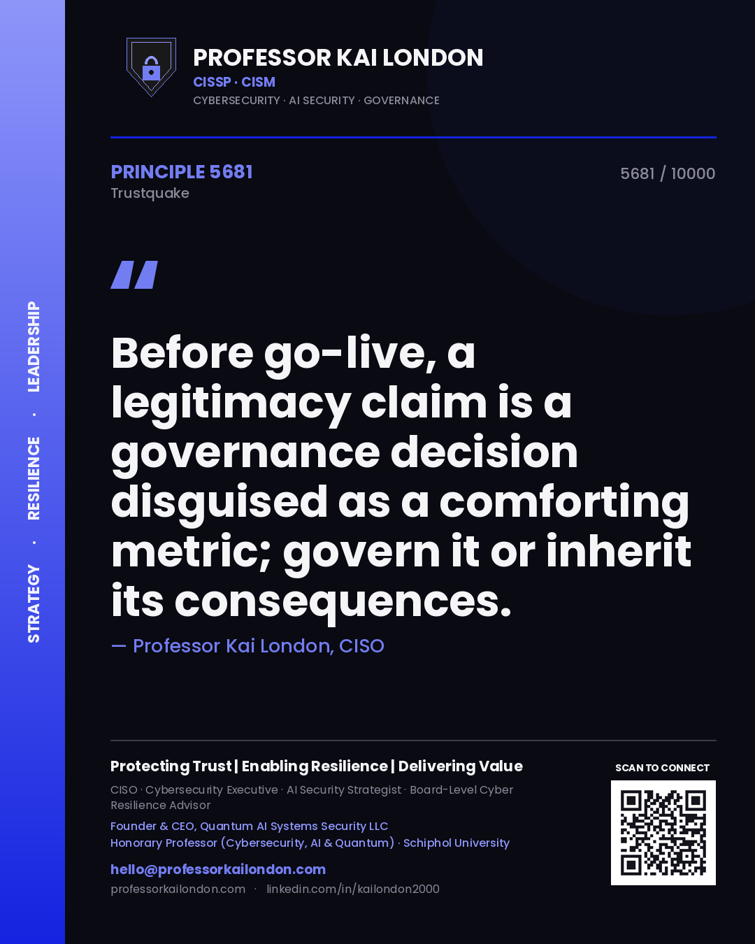 Quote card by Professor Kai London reading 'Before go-live, a legitimacy claim is a governance decision disguised as a comforting metric; govern it or inherit its consequences.'. From the book Trustquake.