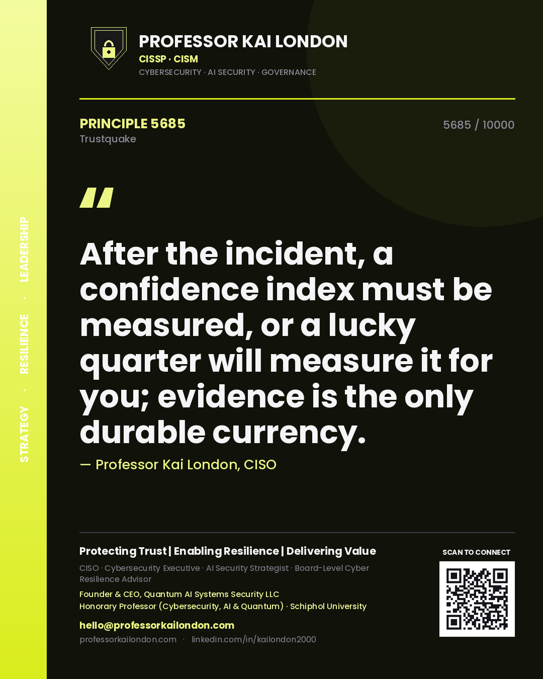Quote card by Professor Kai London reading 'After the incident, a confidence index must be measured, or a lucky quarter will measure it for you; evidence is the only durable currency.'. From the book Trustquake.