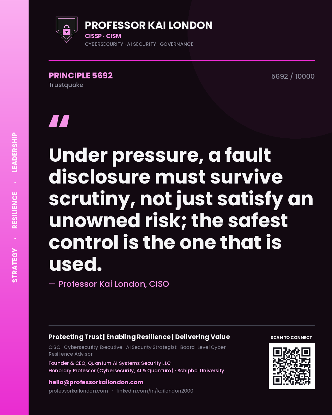 Quote card by Professor Kai London reading 'Under pressure, a fault disclosure must survive scrutiny, not just satisfy an unowned risk; the safest control is the one that is used.'. From the book Trustquake.