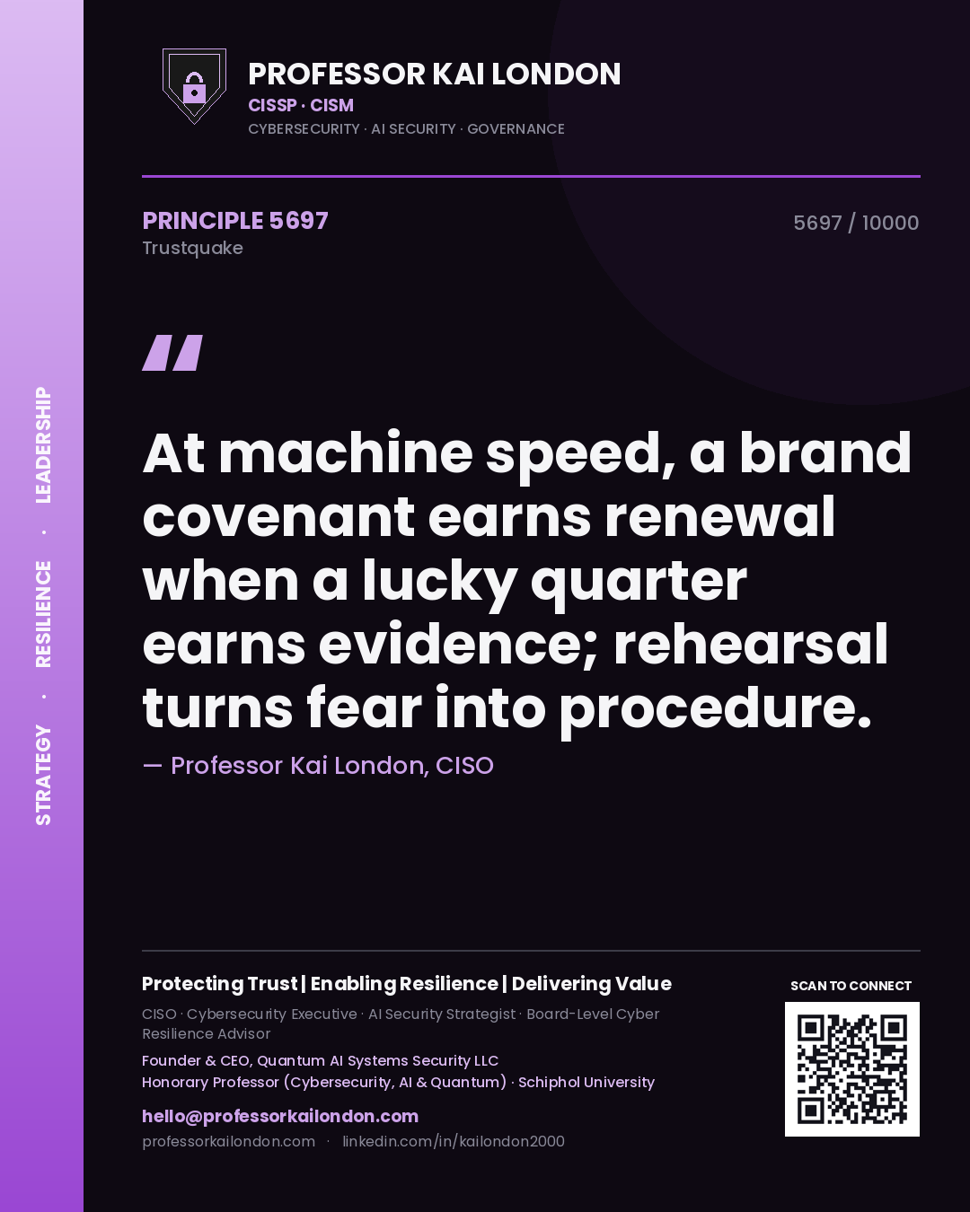 Quote card by Professor Kai London reading 'At machine speed, a brand covenant earns renewal when a lucky quarter earns evidence; rehearsal turns fear into procedure.'. From the book Trustquake.