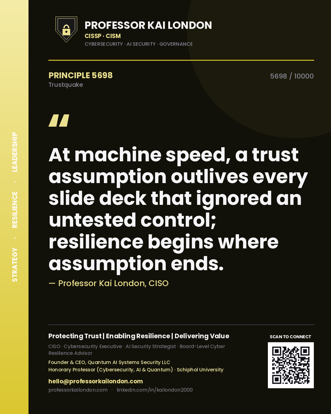 Quote card by Professor Kai London reading 'At machine speed, a trust assumption outlives every slide deck that ignored an untested control; resilience begins where assumption ends.'. From the book Trustquake.