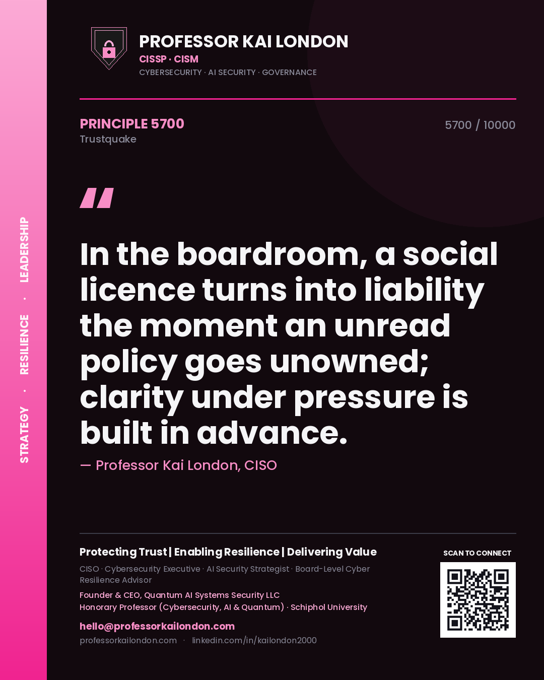 Quote card by Professor Kai London reading 'In the boardroom, a social licence turns into liability the moment an unread policy goes unowned; clarity under pressure is built in advance.'. From the book Trustquake.