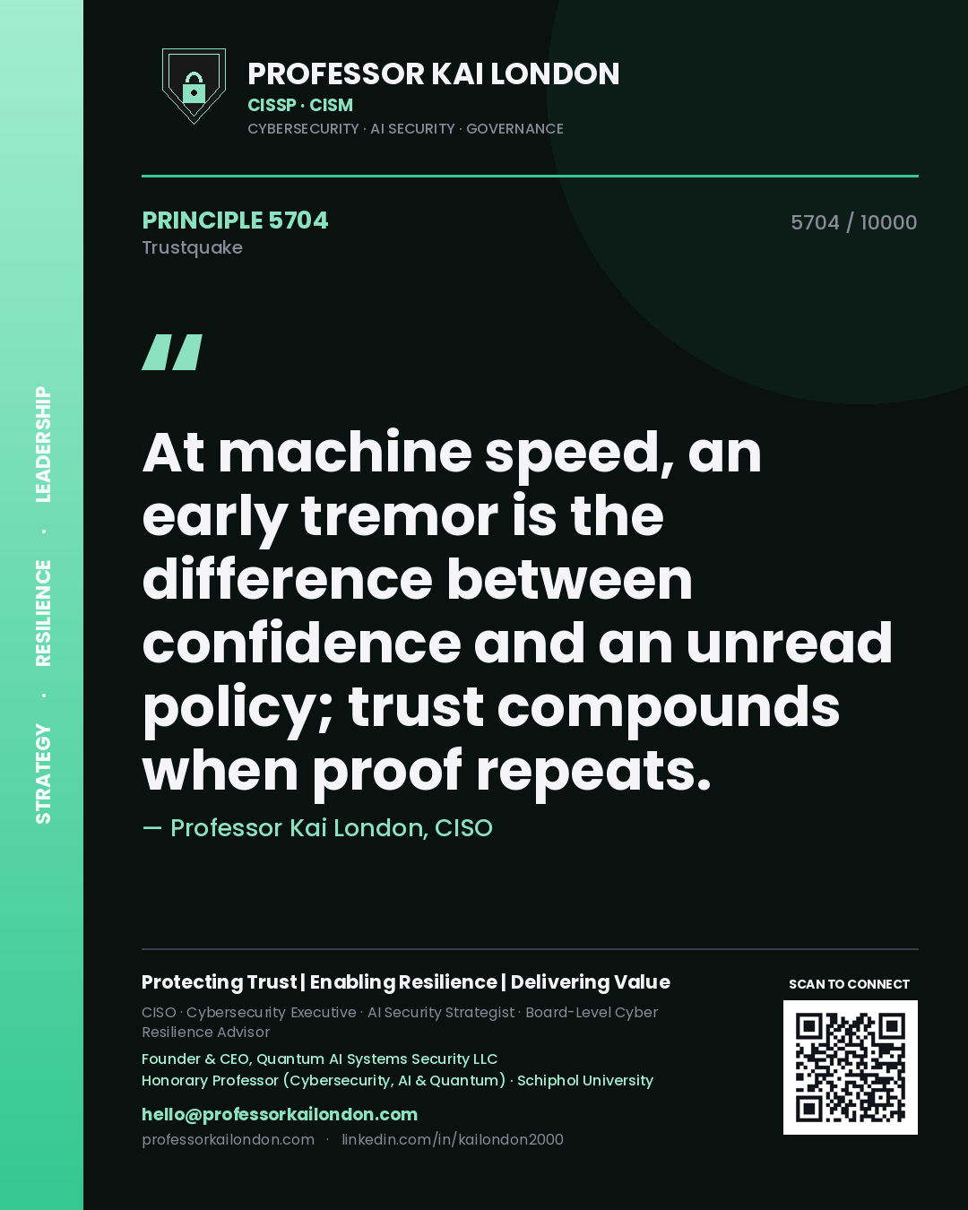 Quote card by Professor Kai London reading 'At machine speed, an early tremor is the difference between confidence and an unread policy; trust compounds when proof repeats.'. From the book Trustquake.